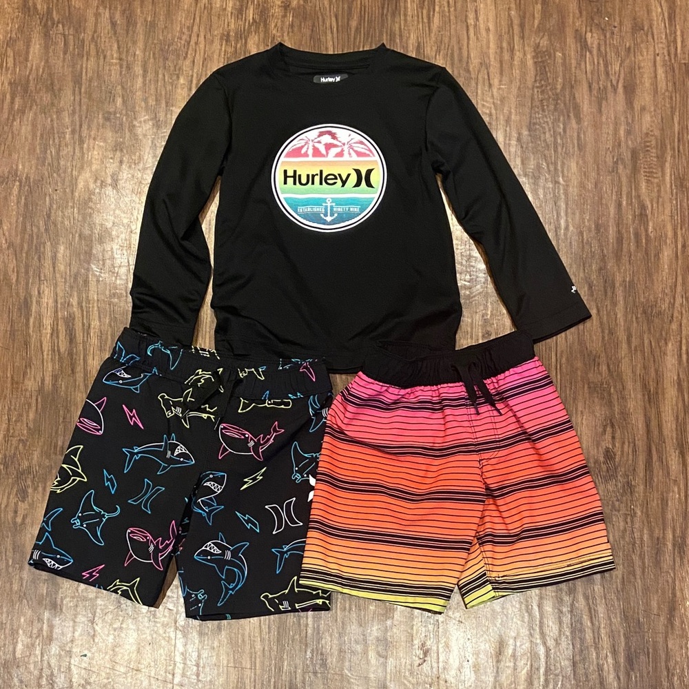 Hurley Kids Black Rashguard with Colorful Swim Trunks size 4